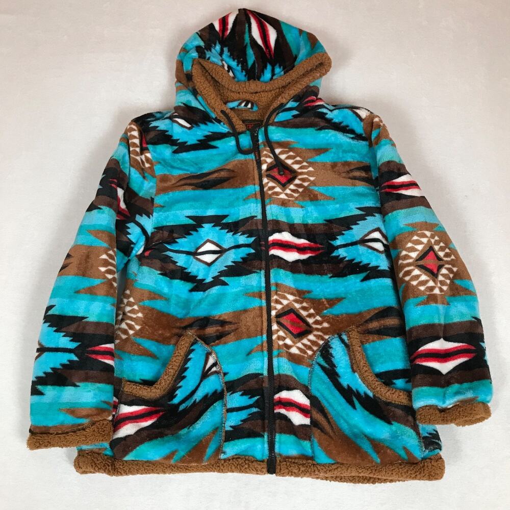 Trail Crest Sherpa Fuzzy Cozy Native Print Blue Full Zip Hoodie Jacket Medium